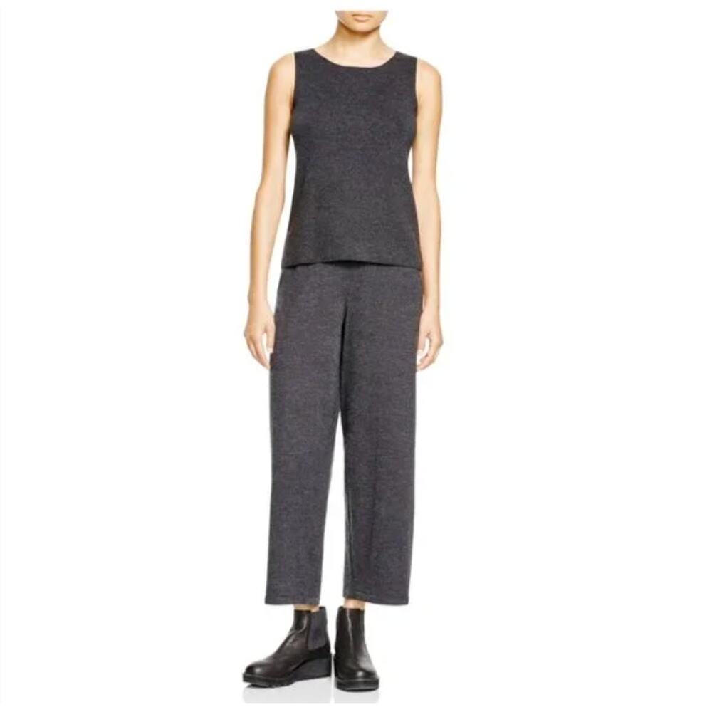 Eileen Fisher Pant Large 100% Wool Knit Grey Trouser Pull On Straight Minimalist